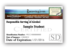 Rserving provides training for Responsible Serving<sup>®</sup> of Alcohol. This image shows the Responsible Serving<sup>®</sup> certification card.