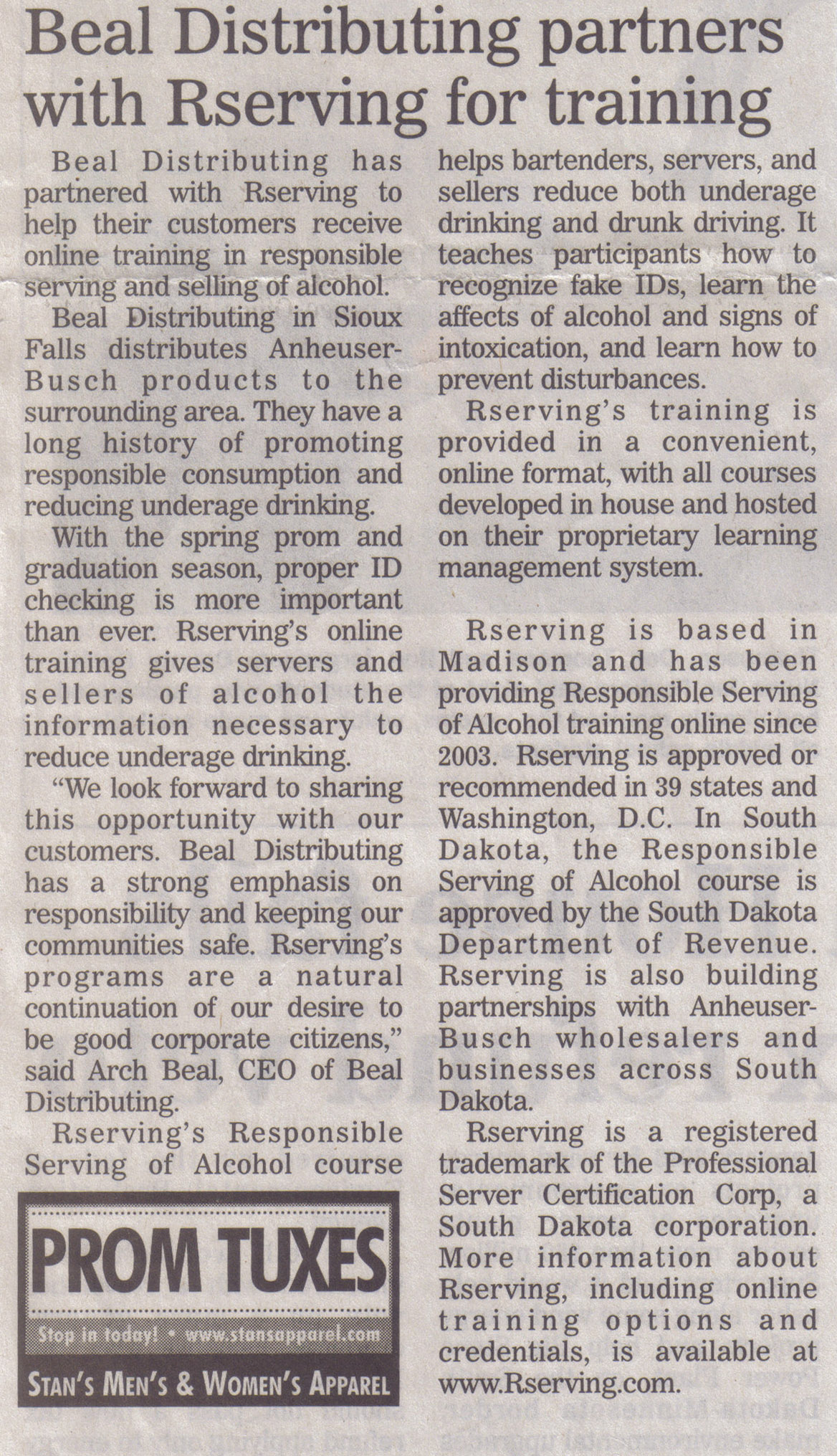 Press Release from the Madison Daily Leader about partnership between Rserving<sup>®</sup> and Anheuser-Busch wholesaler, Beal Distributing.
